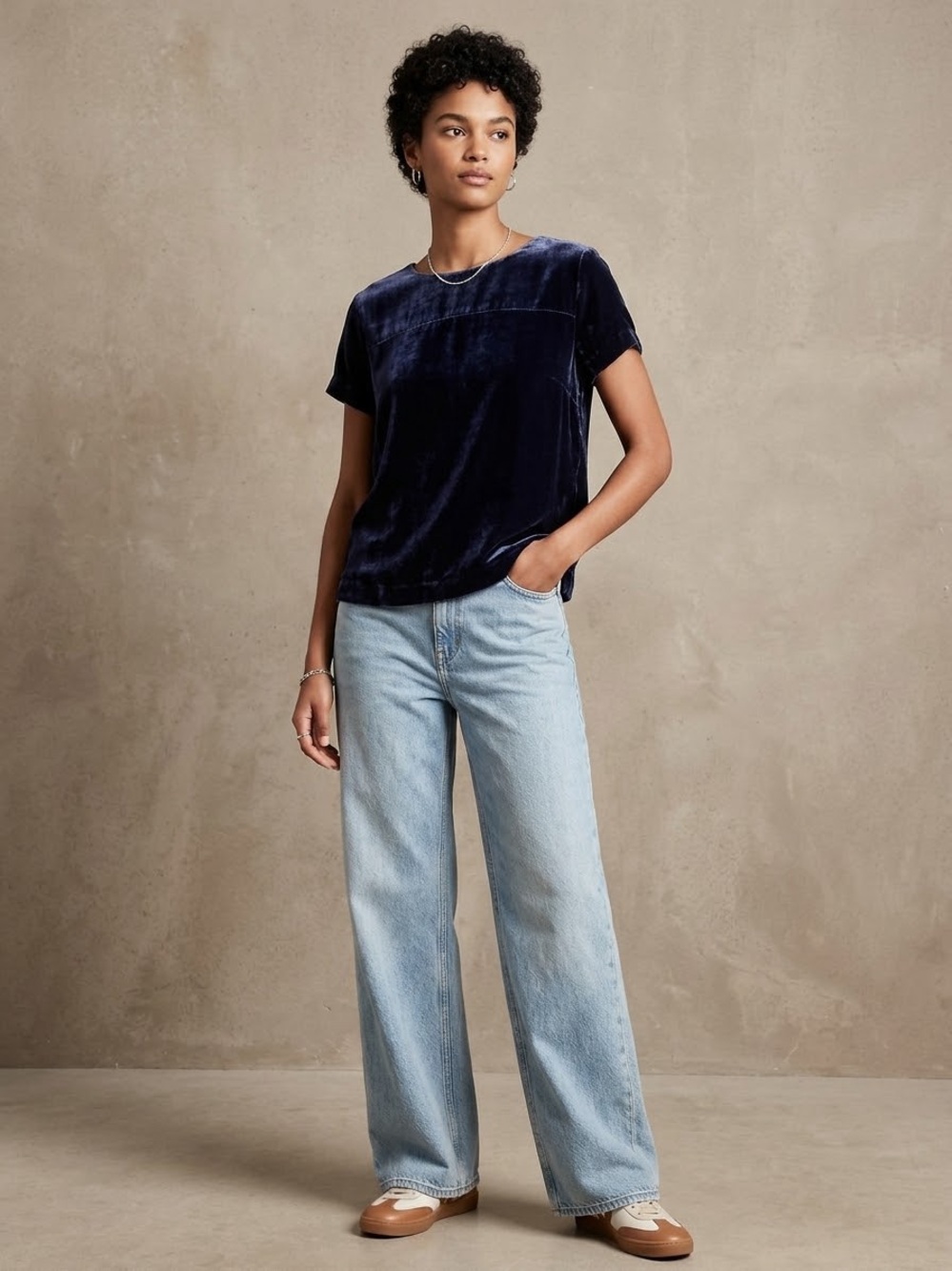 J. Crew Navy Velvet Short-Sleeve Blouse